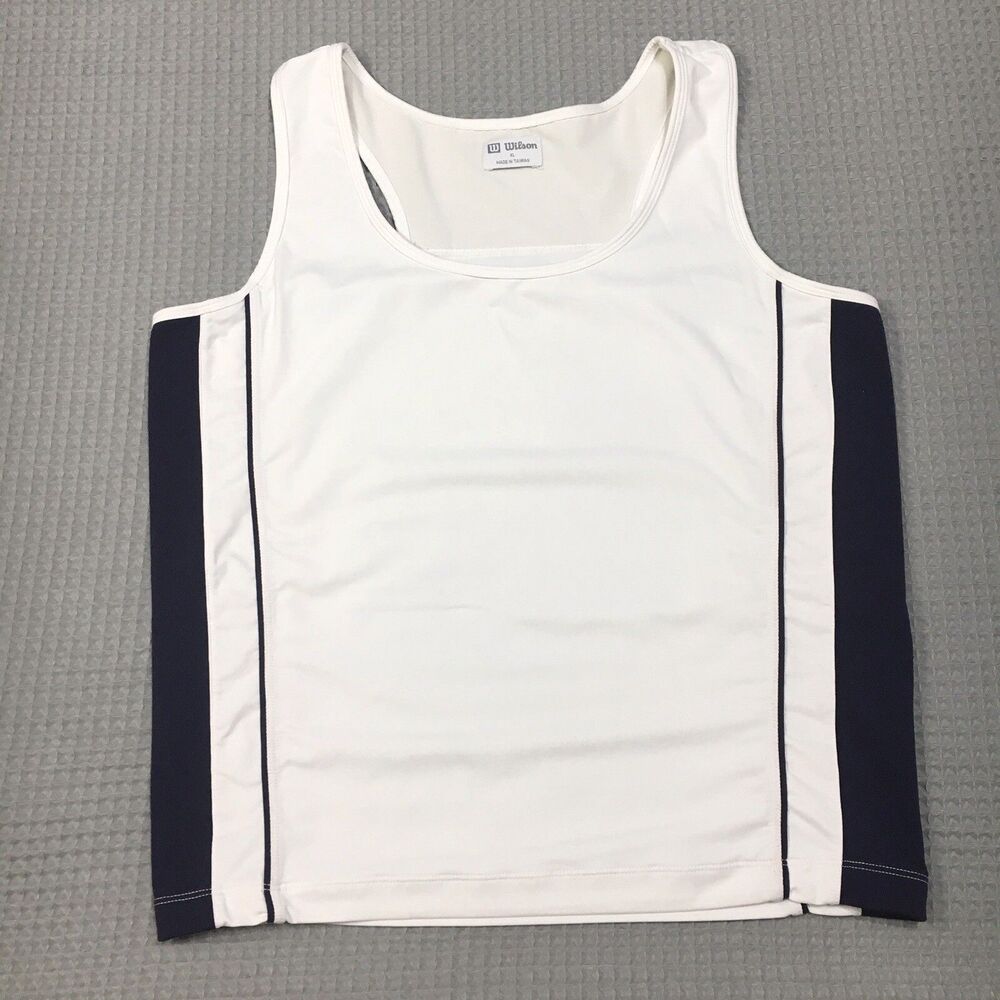 VTG Wilson Tank Top Women XL White Blue Stripe Sleeveless Tennis Golf Retro 90s